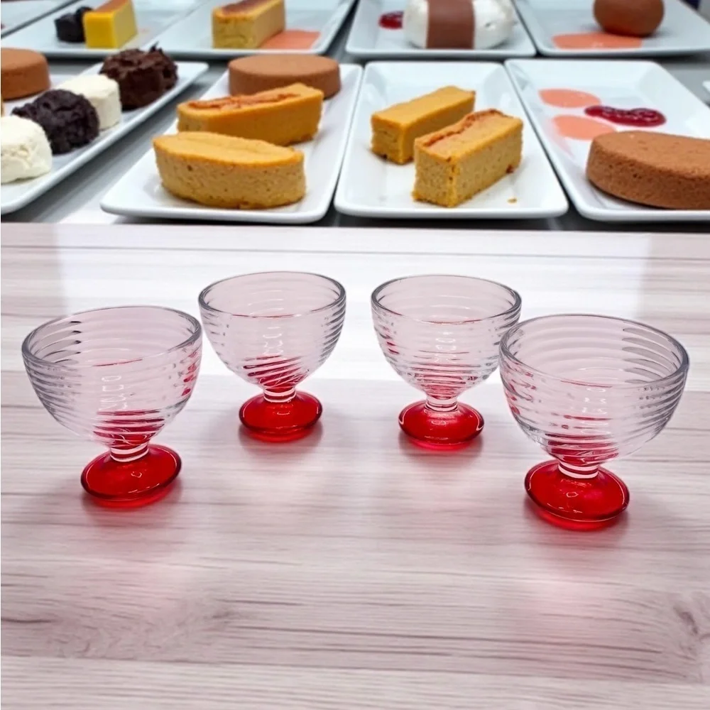 4 Vintage - ARC Swirl MCM / Ribbed Pedestal Dessert Glass Dish Flashed Red Base